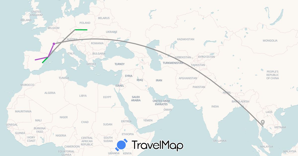 TravelMap itinerary: bus, plane, train in Spain, France, Poland, Thailand (Asia, Europe)